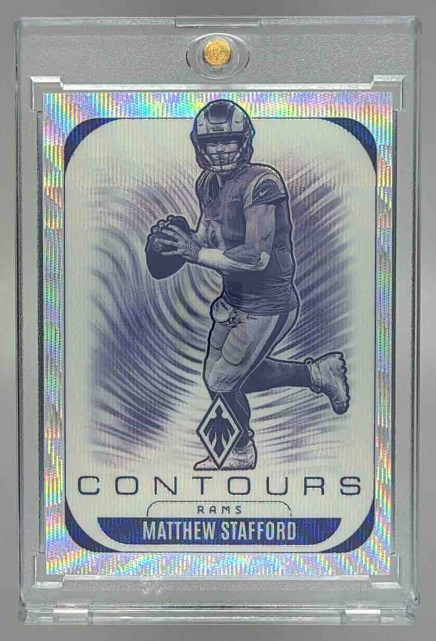 Card image for 2025 Panini Phoenix Matthew Stafford Contours Silver Hyper /299 #19 Rams