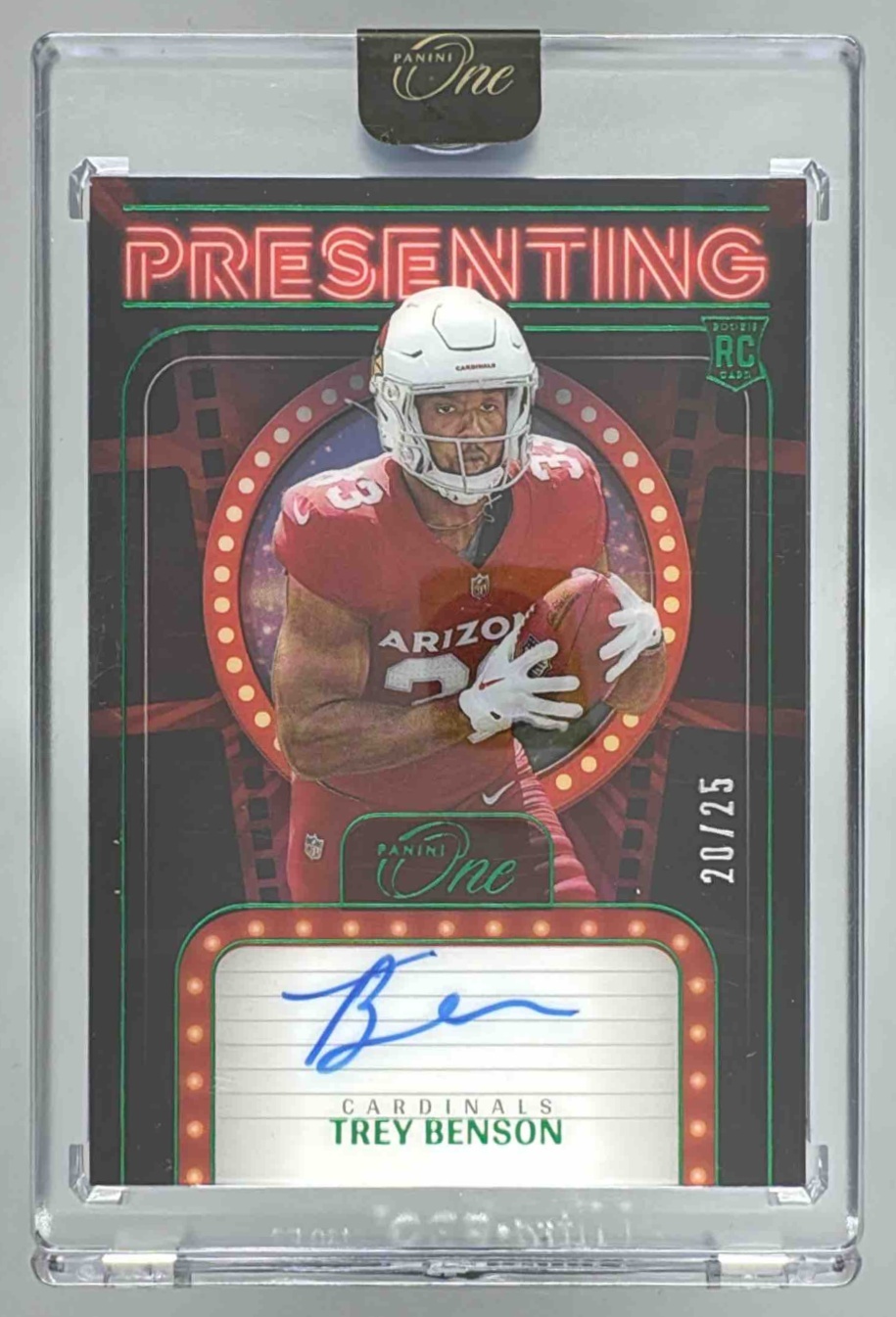 Card image for 2024 Panini One Trey Benson Presenting Gold /10 #165 RC Auto Cardinals