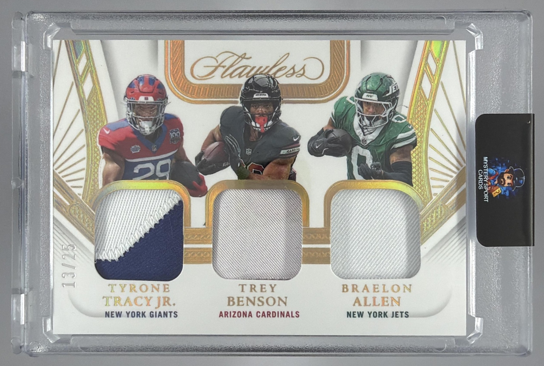 Card image for 2024 Panini Flawless Tyrone Tracy Jr. Braelon Allen Trey Benson Triple Patches /25 #TP-RB1 MEM
