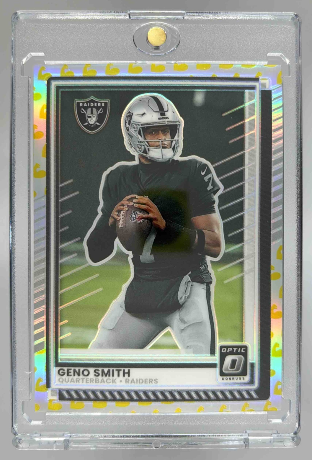 Card image for 2025 Panini Donruss Optic Geno Smith Flex Prizm /199 #144 Raiders