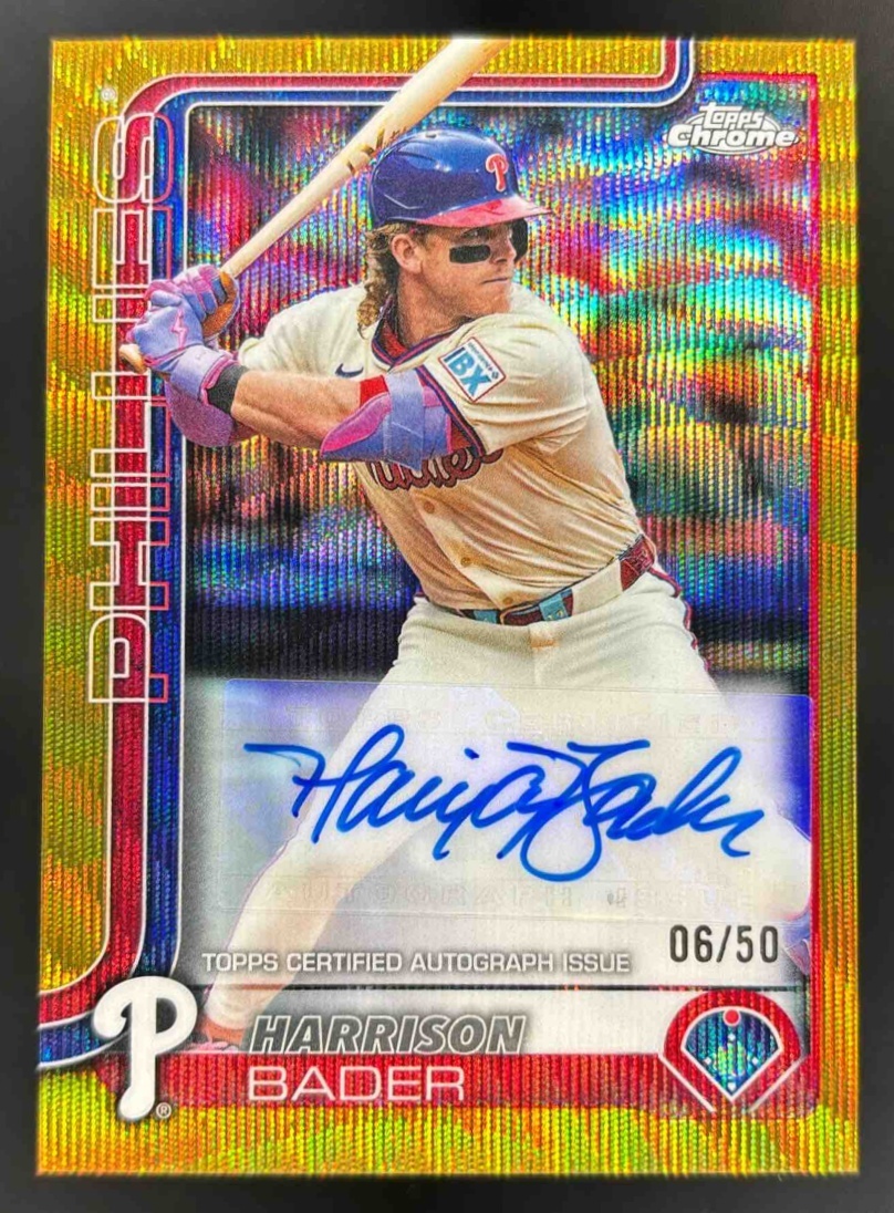 Card image for 2025 Topps Chrome Update Harrison Bader Auto Gold Wave Refractor /50