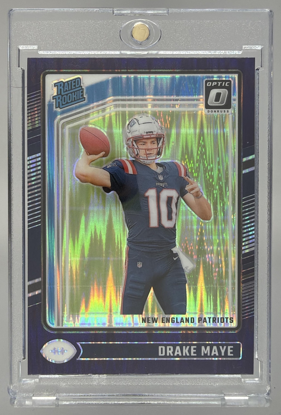 Card image for 2024 Panini Donruss Optic Drake Maye Green Hyper #229 Rated Rookie Patriots