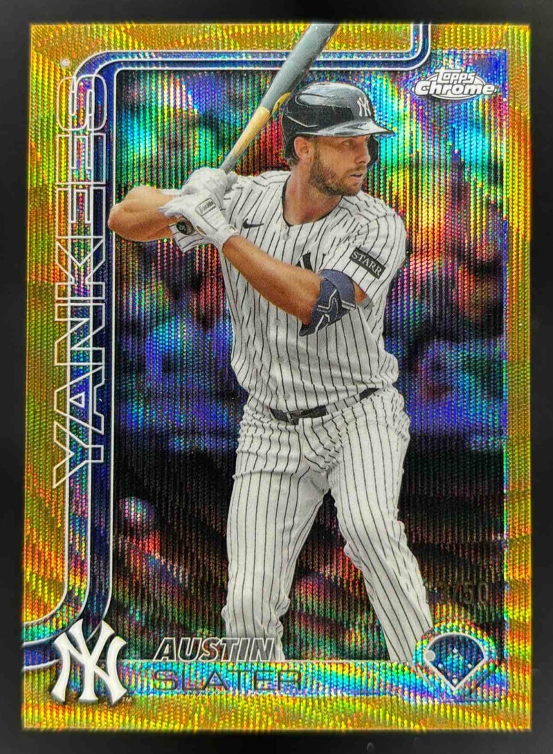 Card image for 2025 Topps Chrome Update Austin Slater Gold Wave Refractor /50 #USC137 Yankees