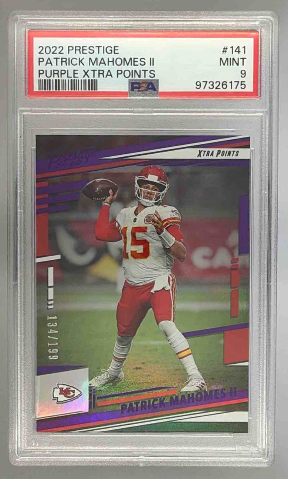 Card image for 2022 Panini Prestige Patrick Mahomes II Xtra Points Purple /199 #141 Chiefs