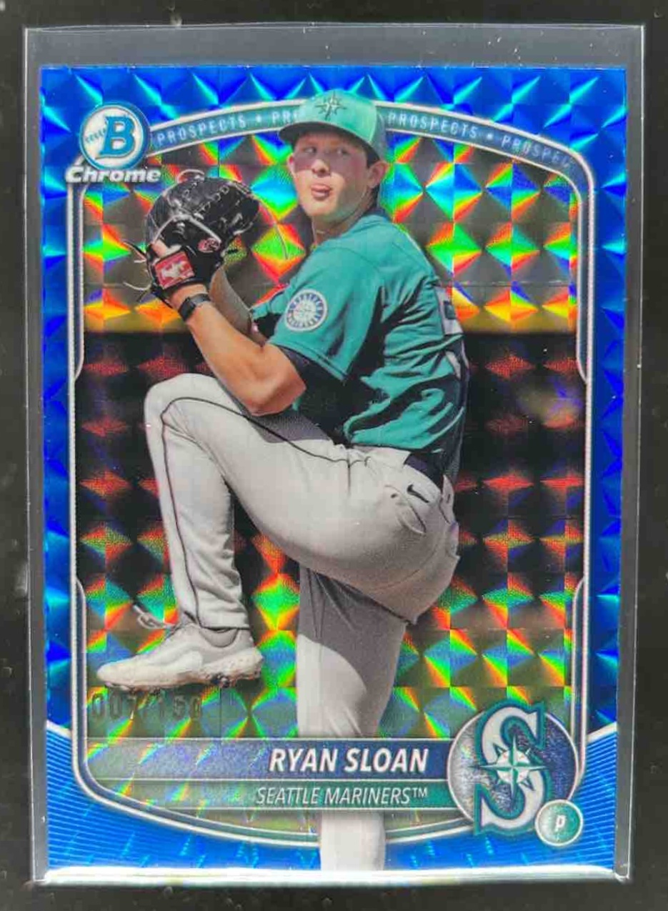 Card image for Ryan Sloan 2025 Bowman Draft Chrome Blue Geometric Refractor /150