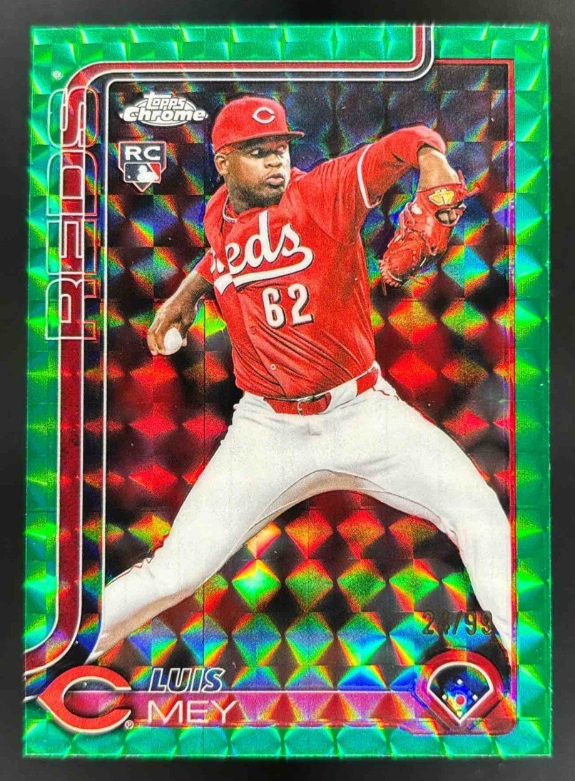 Card image for 2025 Topps Chrome Update Luis Mey Green Geometric Refractor /99 #USC140 RC Reds