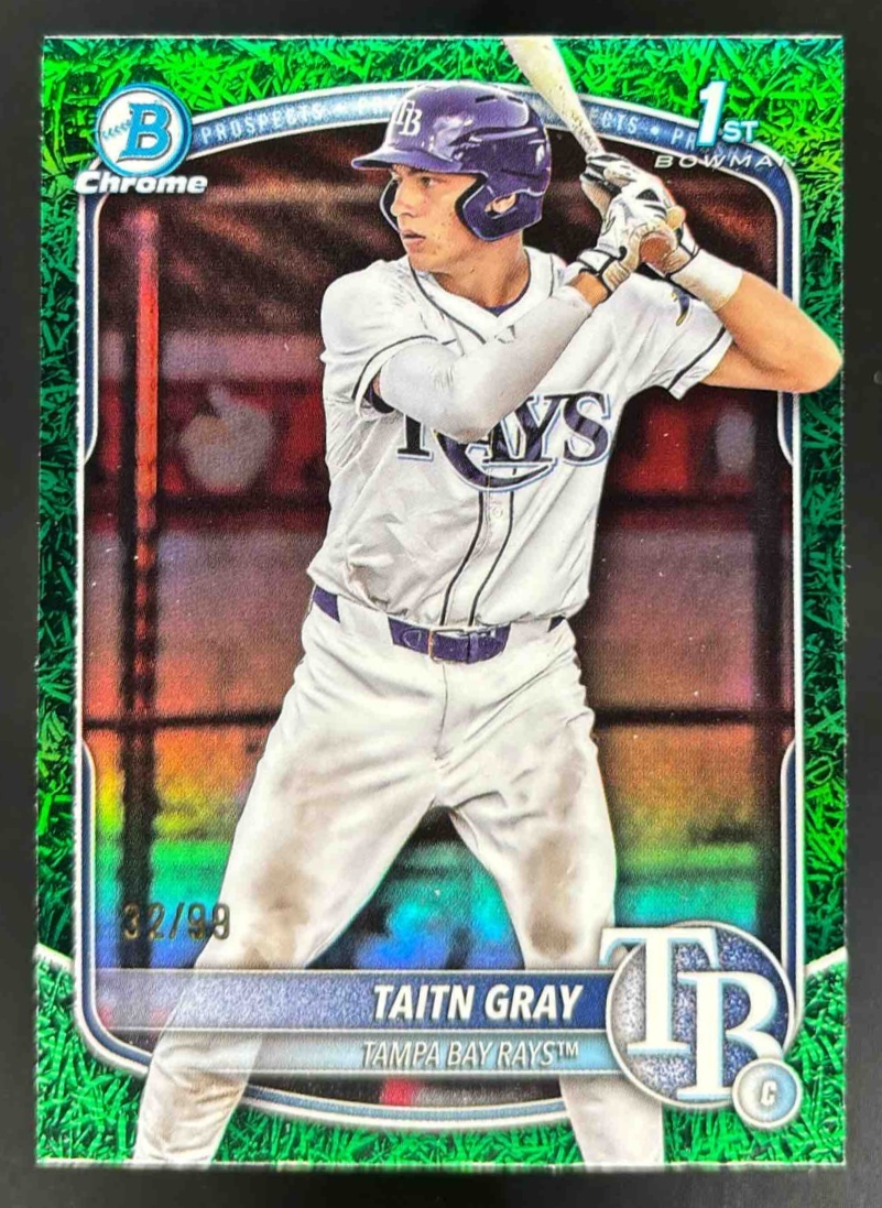 Card image for 2025 Bowman Draft Taitn Gray Chrome Green Grass Refractor /99 #BDC-7 Rays