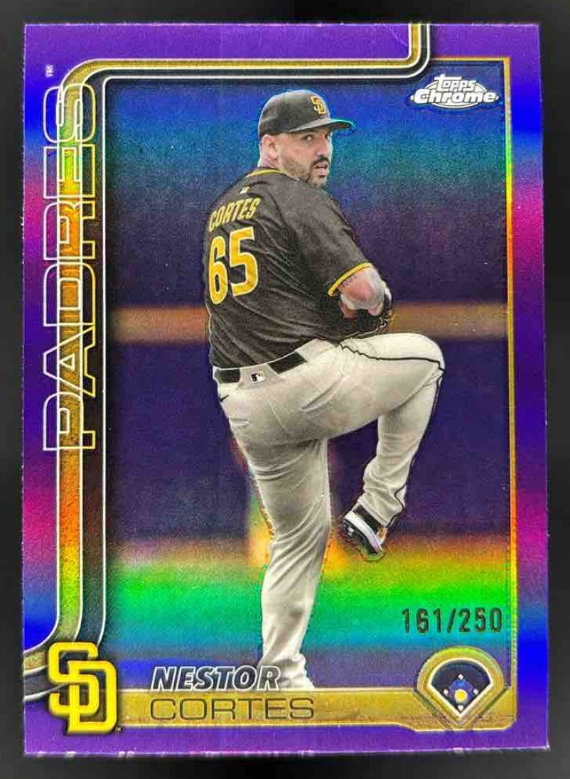 Card image for 2025 Topps Chrome Update Nestor Cortes Purple Refractor /250 #USC130 Padres