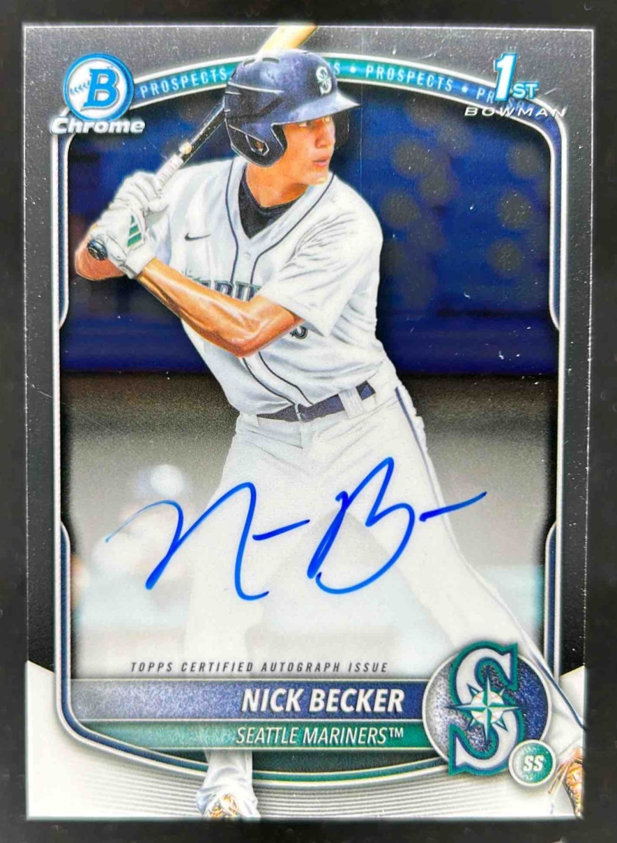 Card image for Nick Becker 2025 Bowman Baseball Draft Chrome Auto 1st Prospect Seattle Mariners