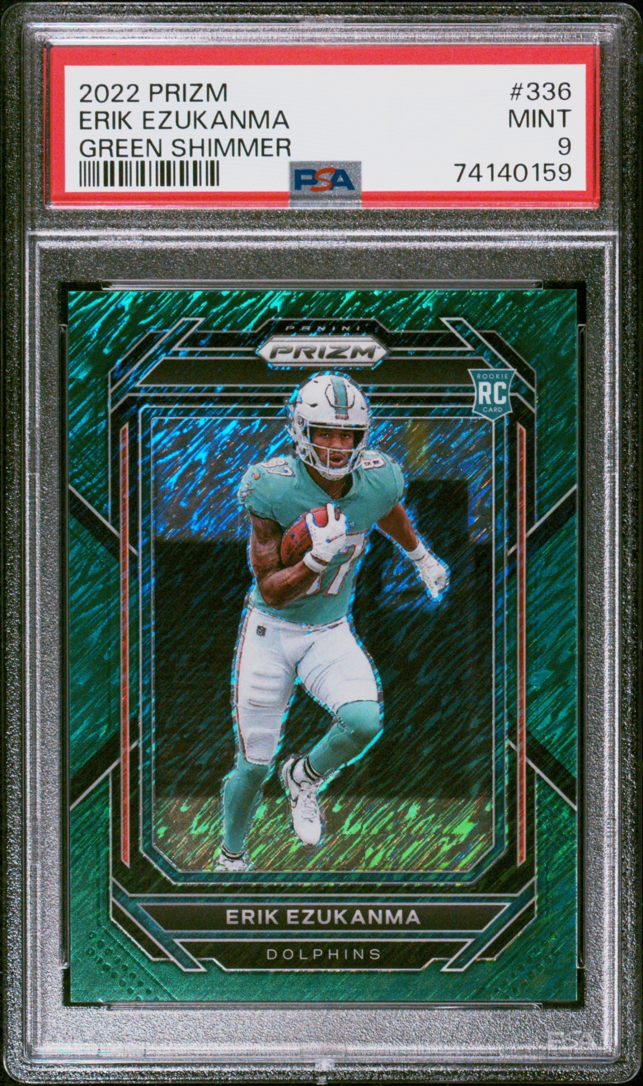 Card image for 2022 Panini Football Prizm Erik Ezukanma Green Shimmer /5 #336 RC Miami Dolphins