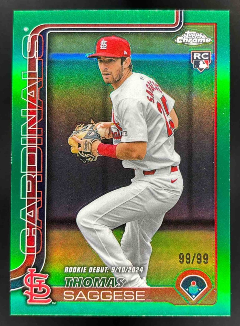 Card image for 2025 Topps Chrome Update Thomas Saggese Green Refractor /99 #USC157 RC Cardinals