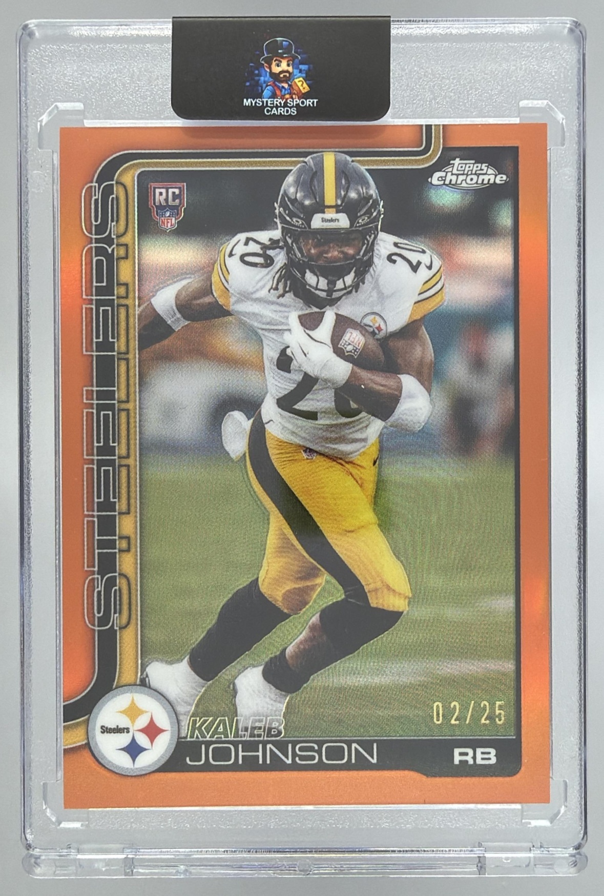 Card image for 2025 Topps Chrome Kaleb Johnson Rookie Orange Lava Refractor /25 #323 RC Steelers