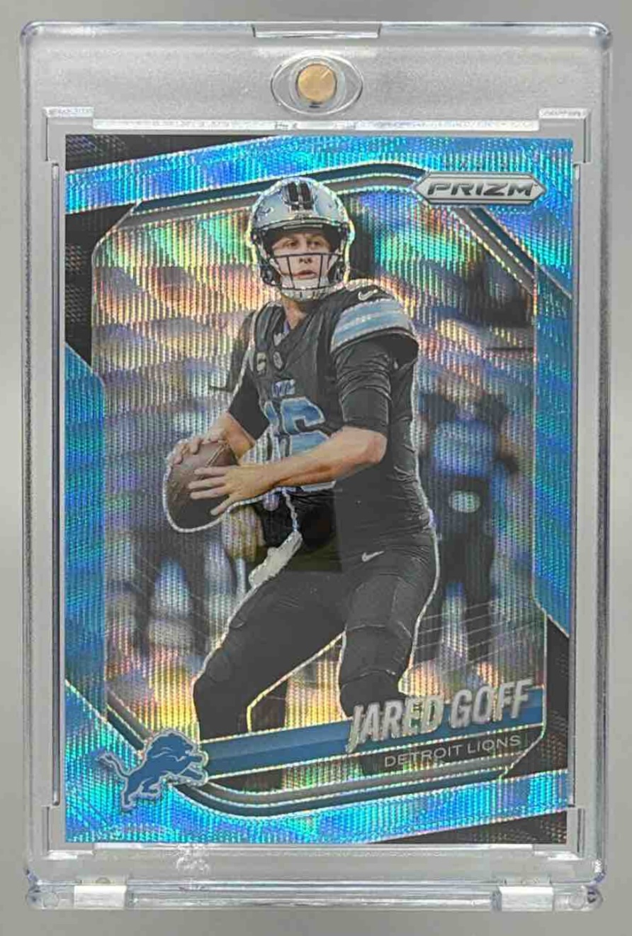 Card image for 2025 Panini Football Prizm Jared Goff Blue Wave /230 #10 Detroit Lions
