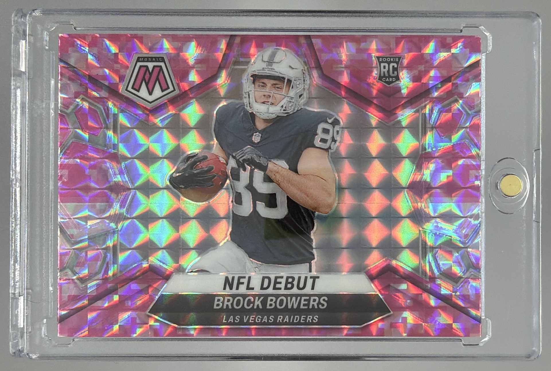 Card image for 2024 Panini Mosaic Brock Bowers Camo Pink Prizm #286 RC NFL Debut Raiders