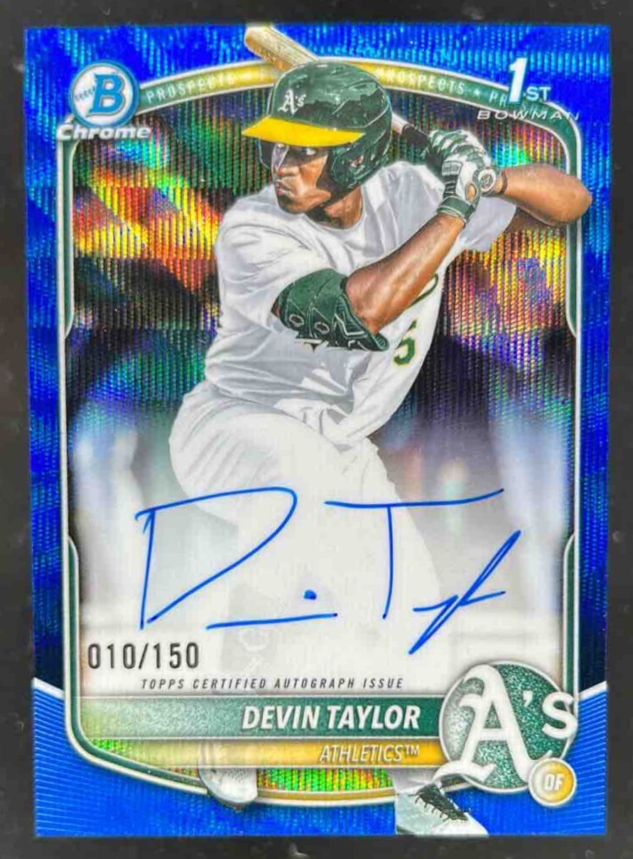 Card image for Devin Taylor 2025 Bowman Draft Chrome Prospect Auto Blue Wave Refractor /150