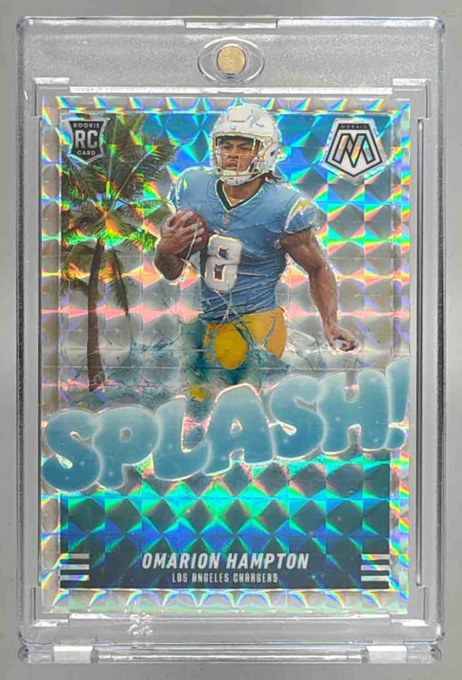 Card image for 2025 Panini Mosaic Omarion Hampton Splash Silver Prizm #20 RC Chargers
