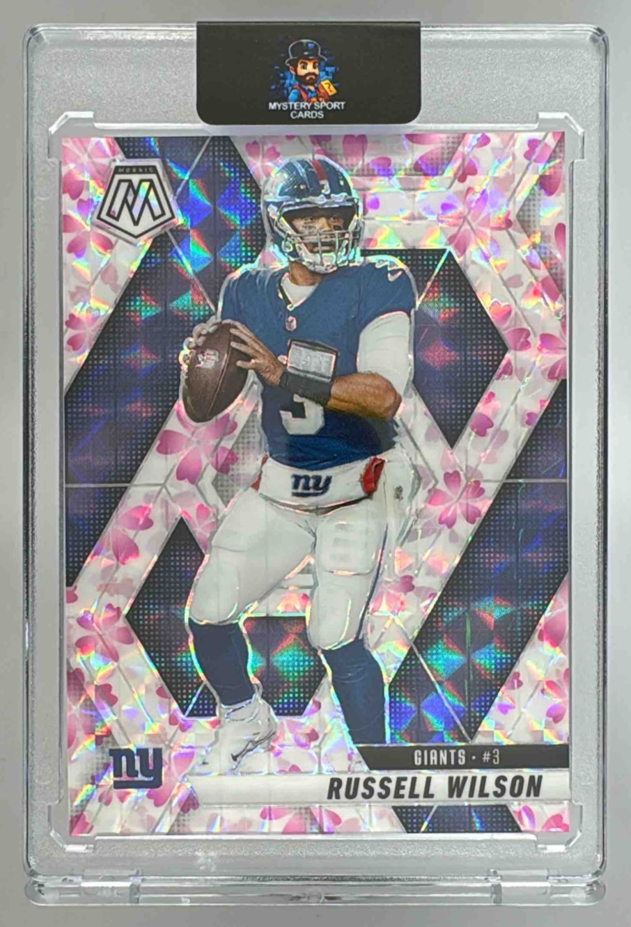 Card image for 2025 Panini Mosaic Russell Wilson Choice Cherry Blossom Prizm /20 #14 Giants