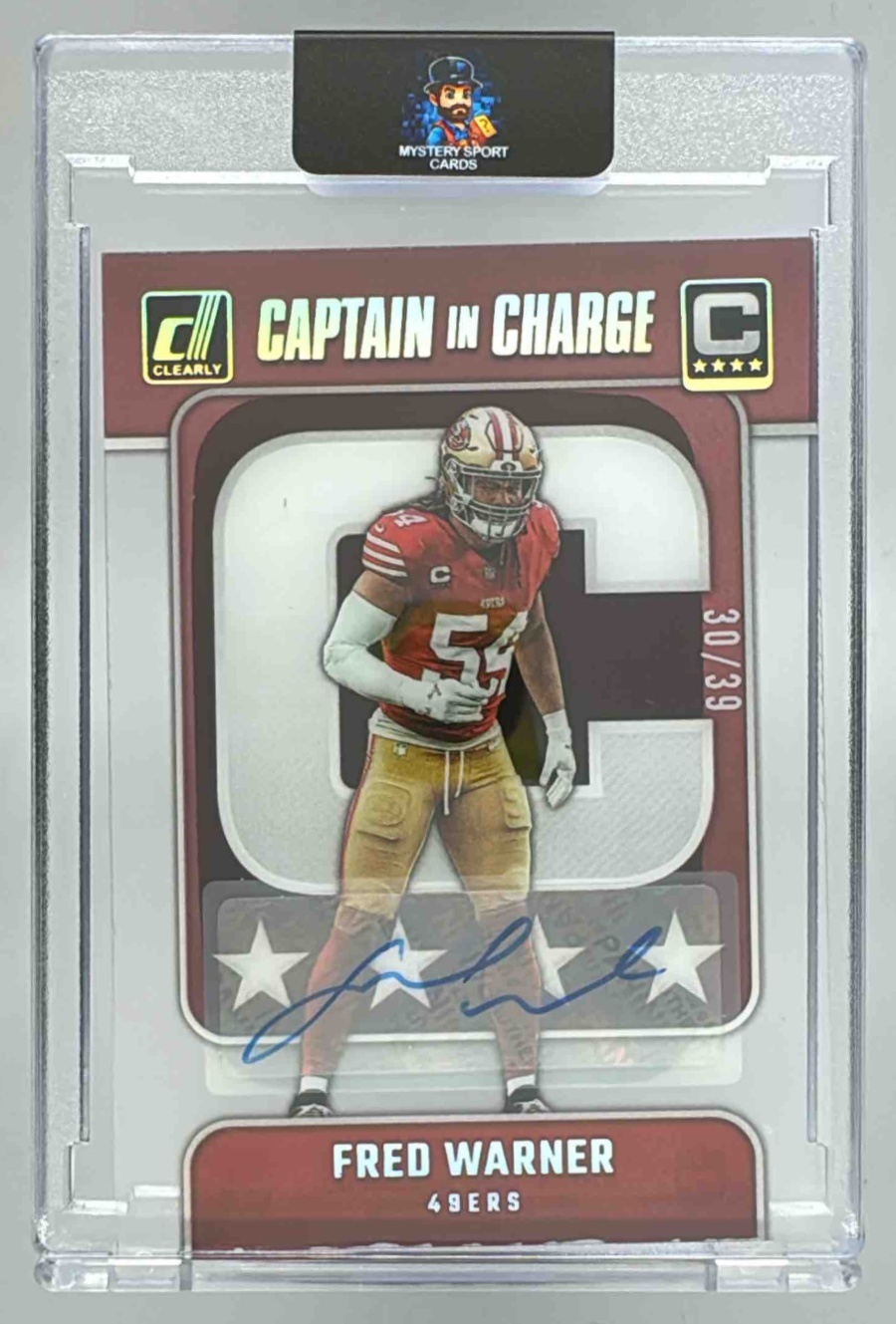 Card image for 2024 Panini Clearly Donruss Fred Warner Captain in Charge Auto /39 #10 49ers