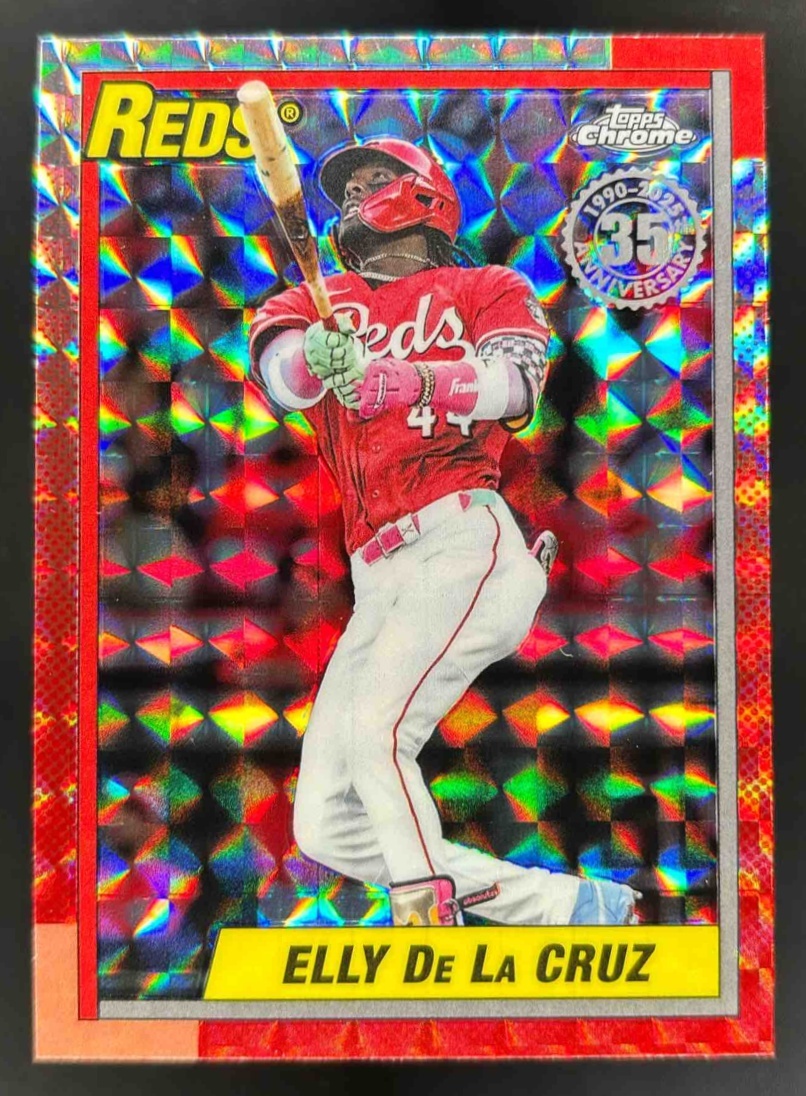 Card image for 2025 Topps Chrome Update Elly De La Cruz 1990 Geometric Refractor #90CU-3 Reds