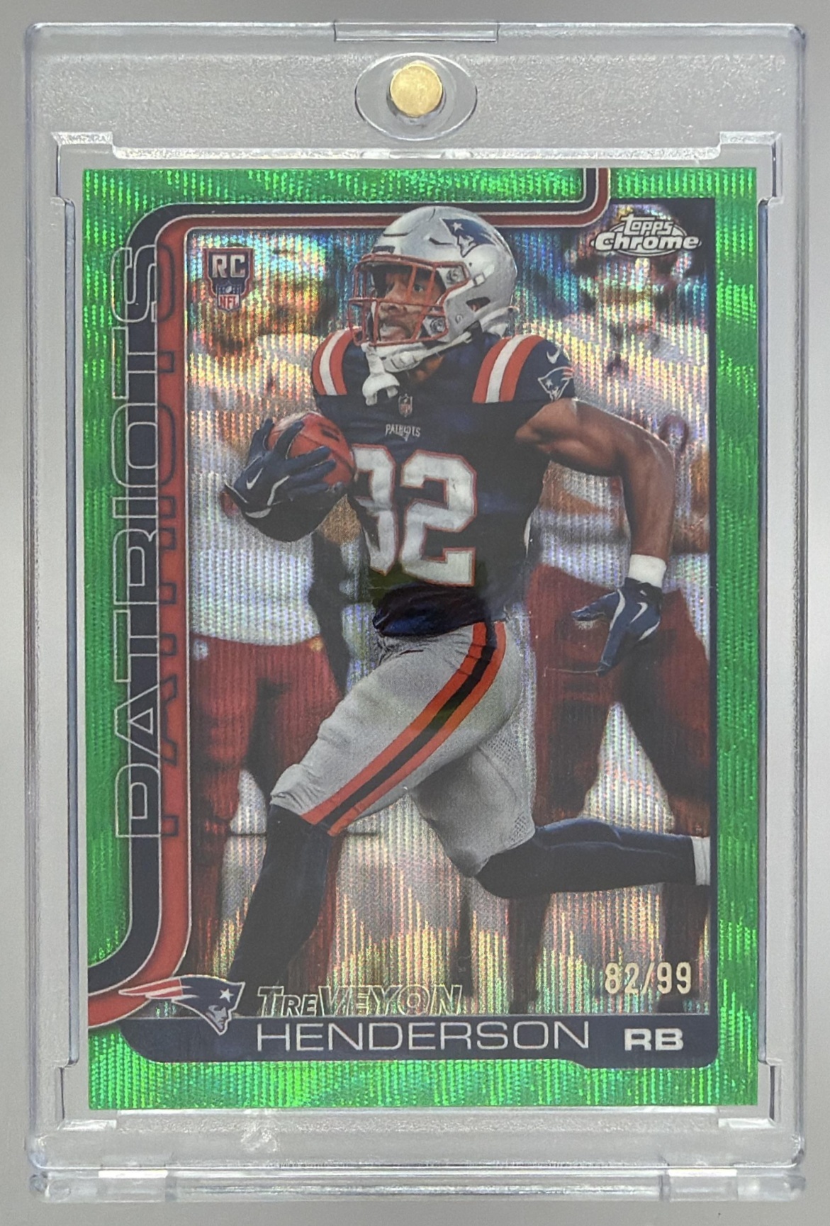 Card image for 2025 Topps Chrome TreVeyon Henderson Rookie Green Lava Refractor /99 #328 RC Patriots