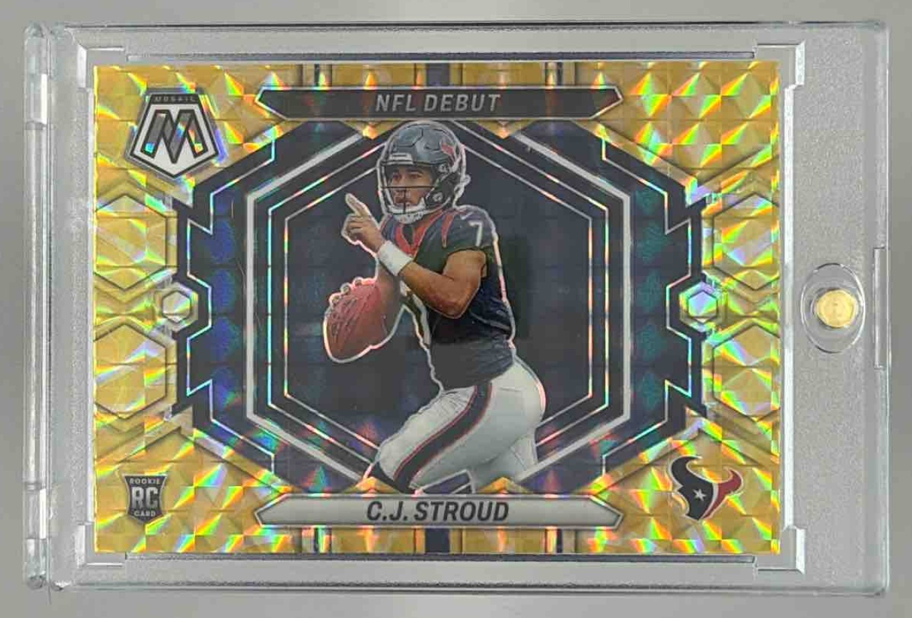 Card image for 2023 Panini Mosaic C.J. Stroud Reactive Yellow Mosaic #ND-3 RC NFL Debut Texans