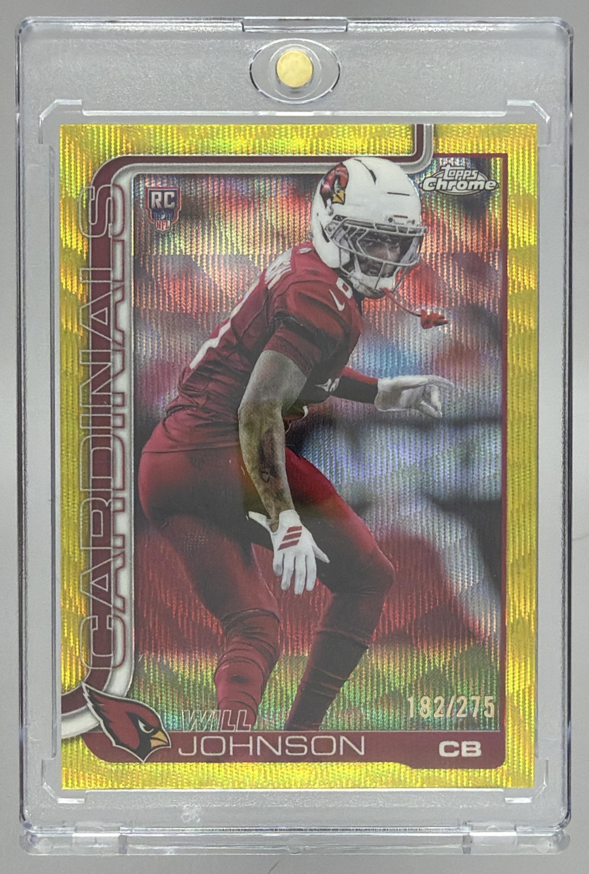 Card image for 2025 Topps Chrome Will Johnson Rookie Yellow Wave Refractor /275 #349 RC Cardinals