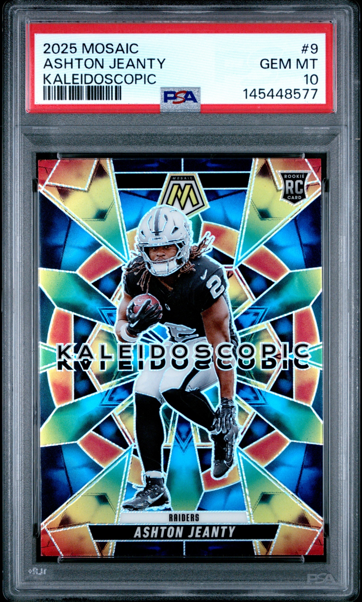 Card image for 2025 Panini Football Mosaic Ashton Jeanty Kaleidoscopic #9 RC Las Vegas Raiders PSA 10