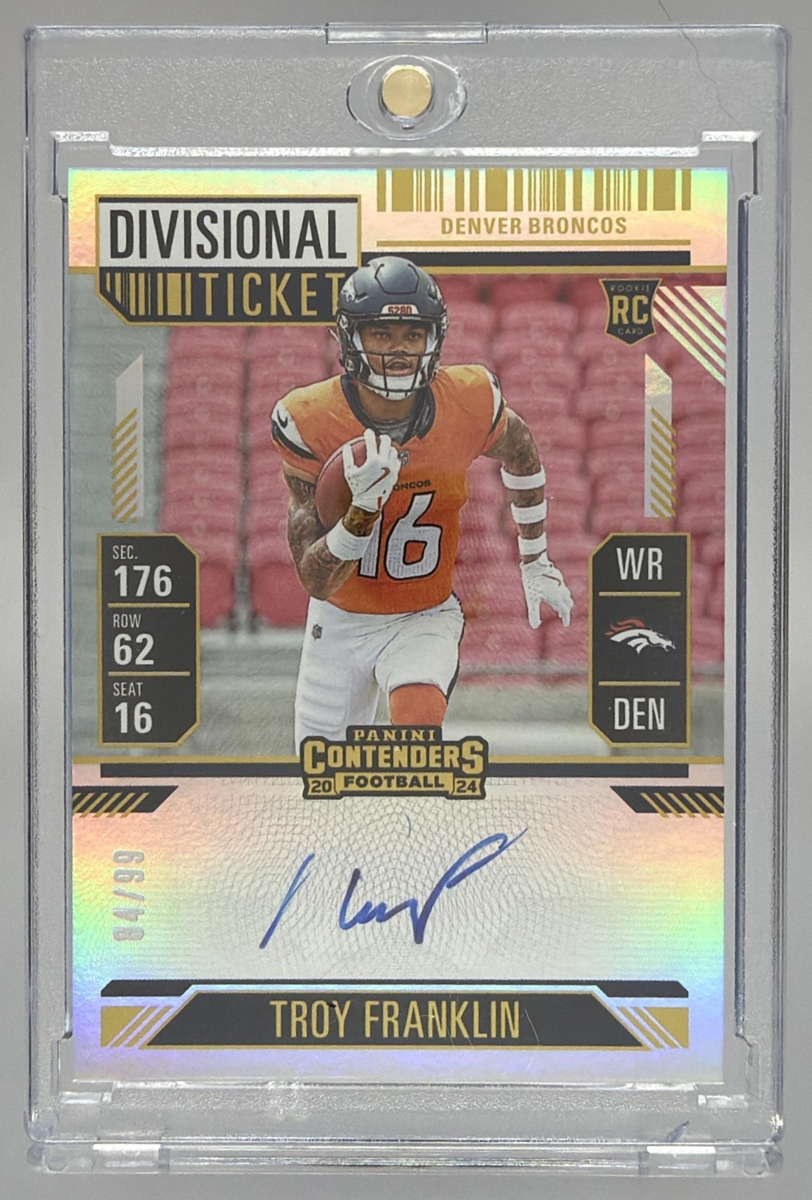 Card image for 2024 Panini Contenders Troy Franklin Rookie Ticket RPS Variation Auto Divisional /99 #113 RC VAR Broncos