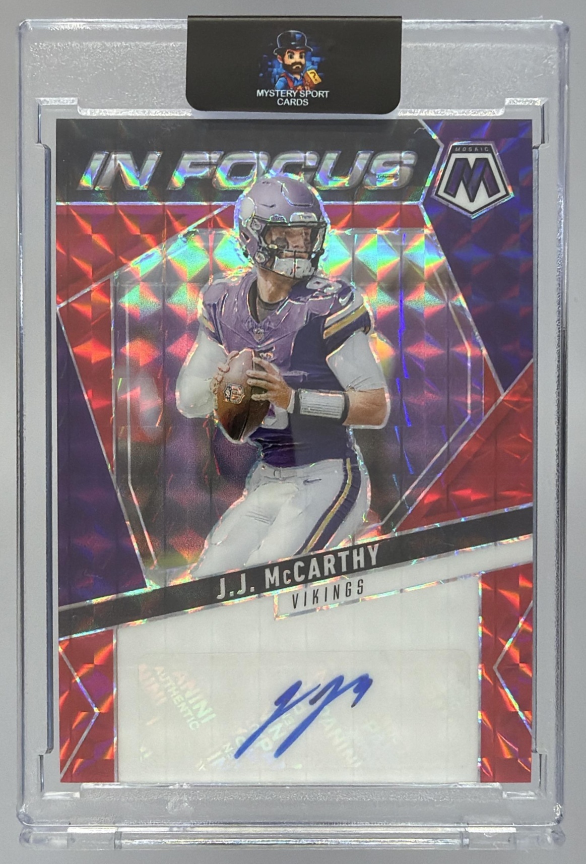 Card image for 2025 Panini Mosaic J.J. McCarthy In Focus Signatures Red Prizm /199 #IFS-JMY Auto Vikings