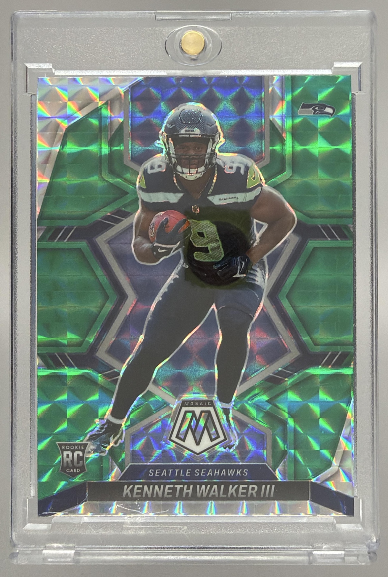 Card image for 2022 Panini Mosaic Kenneth Walker III Mosaic Green #308 RC Seahawks