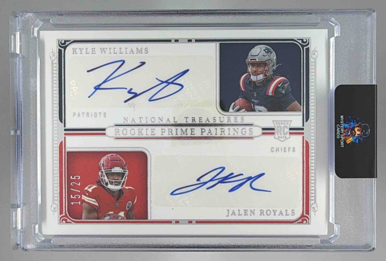 Card image for 2025 Panini National Treasures Jalen Royals Rookie Patch Auto Stars & Stripes Holo Silver /25 #187 MEM RC Chiefs