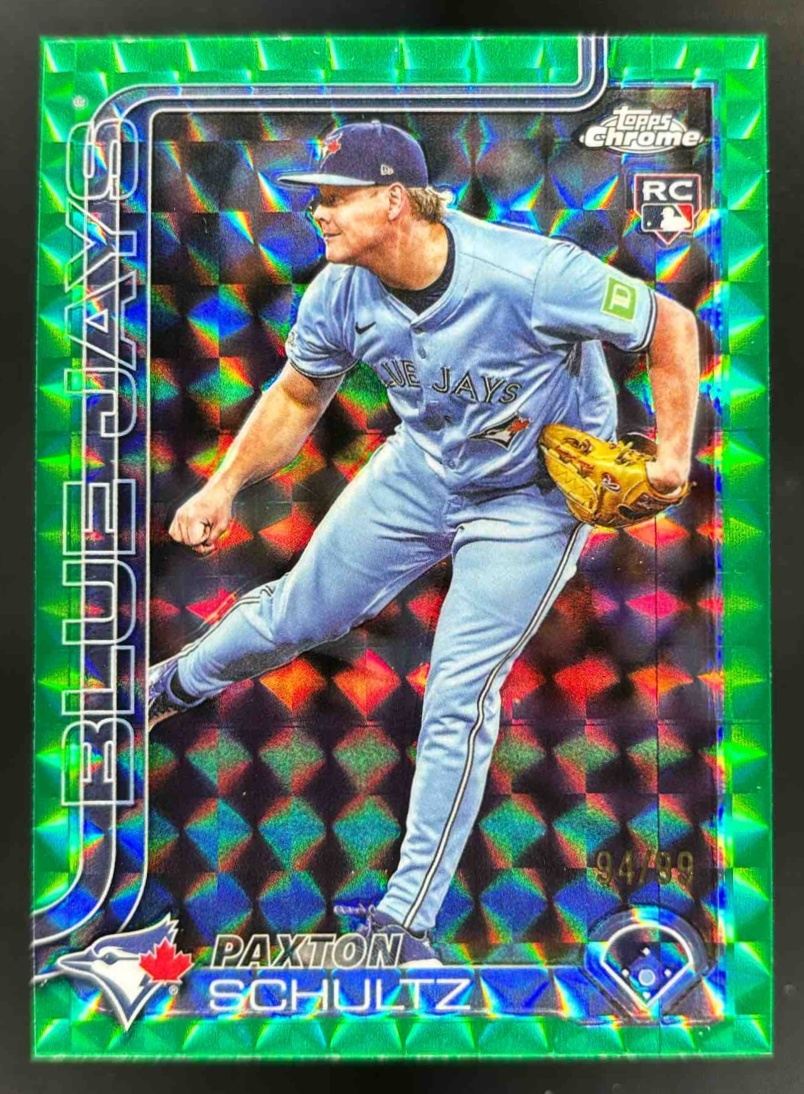 Card image for 2025 Topps Chrome Update Paxton Schultz Green Geometric Refractor /99 RC