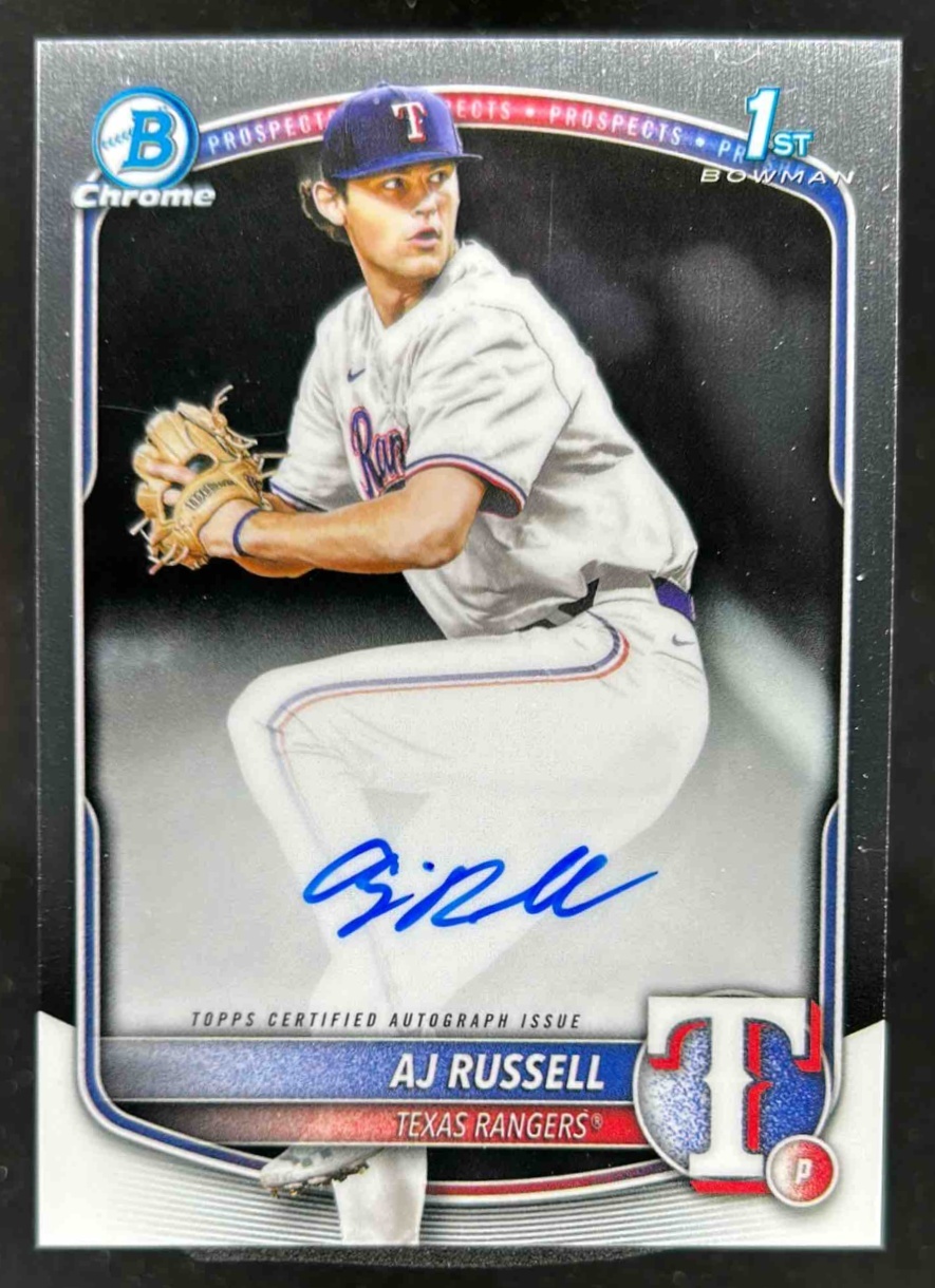Card image for AJ Russell 2025 Bowman Baseball Draft Chrome Auto 1st Prospect Texas Rangers