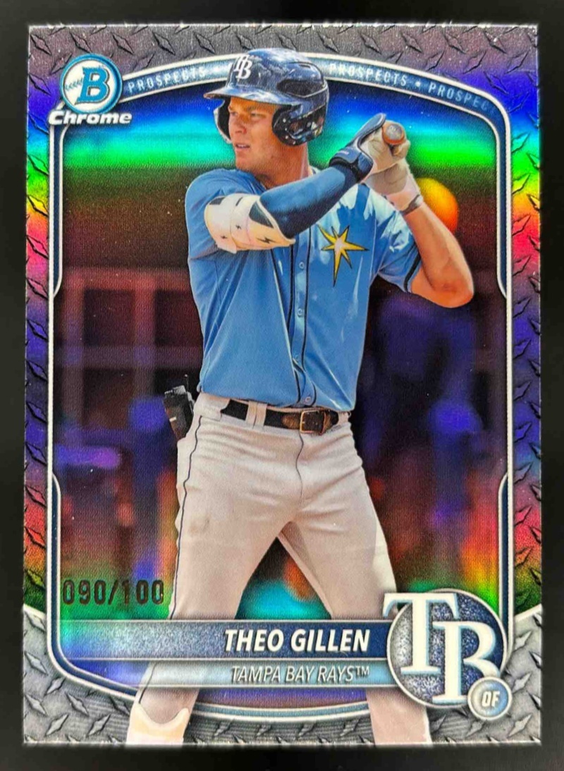 Card image for 2025 Bowman Draft Theo Gillen Chrome Steel Metal Refractor /100 #BDC-121 Rays