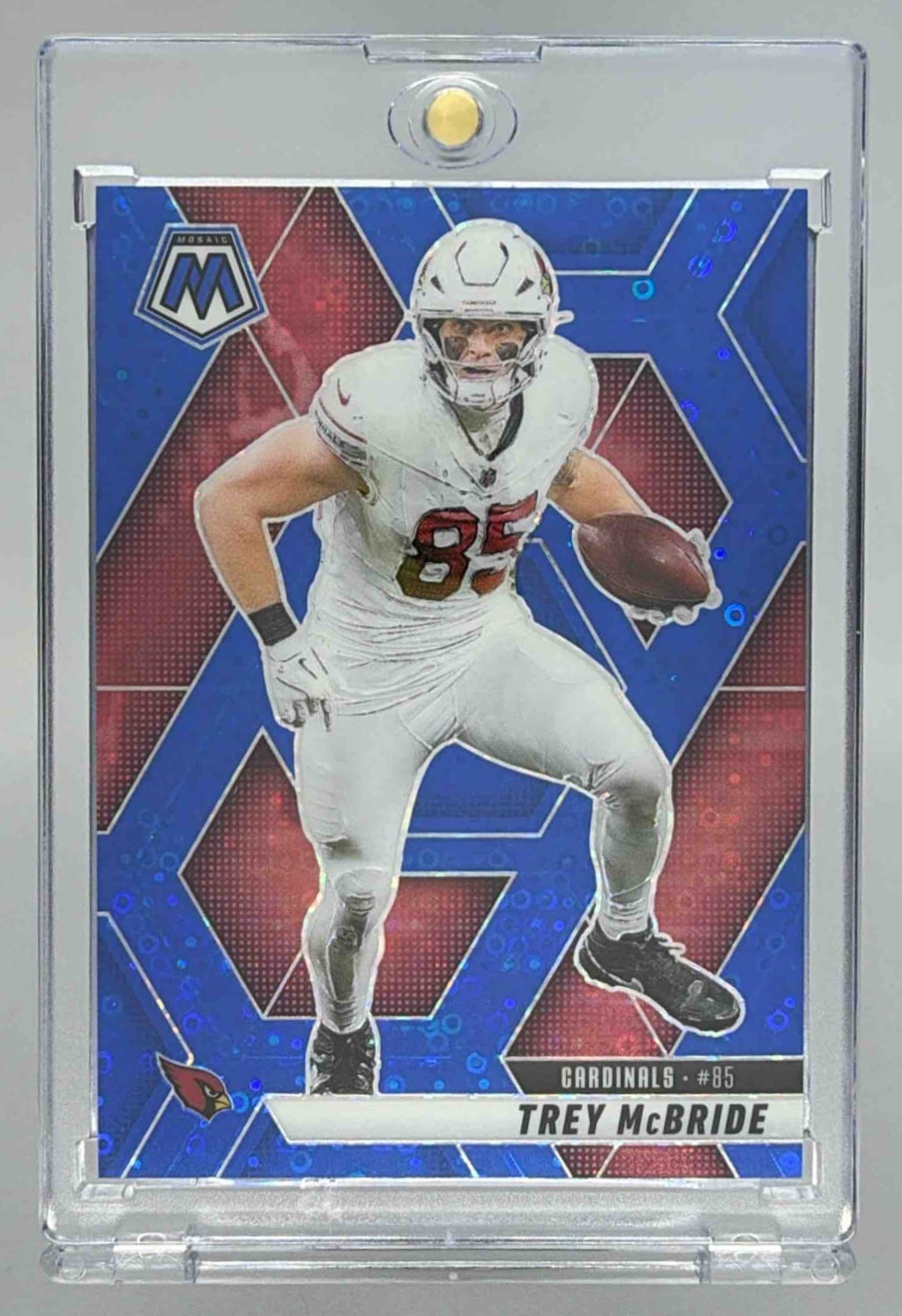 Card image for 2025 Panini Mosaic Trey McBride No Huddle Blue Prizm /99 #176 Cardinals