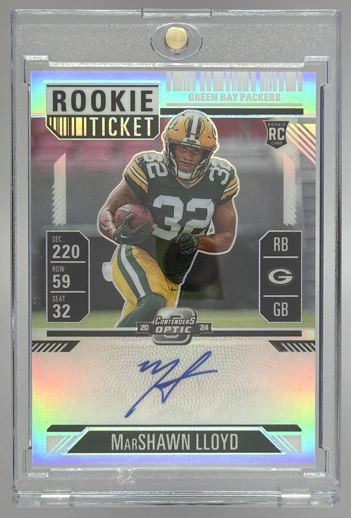 Card image for 2024 Panini Contenders Optic MarShawn Lloyd Rookie Ticket RPS Auto #125 RC Packers