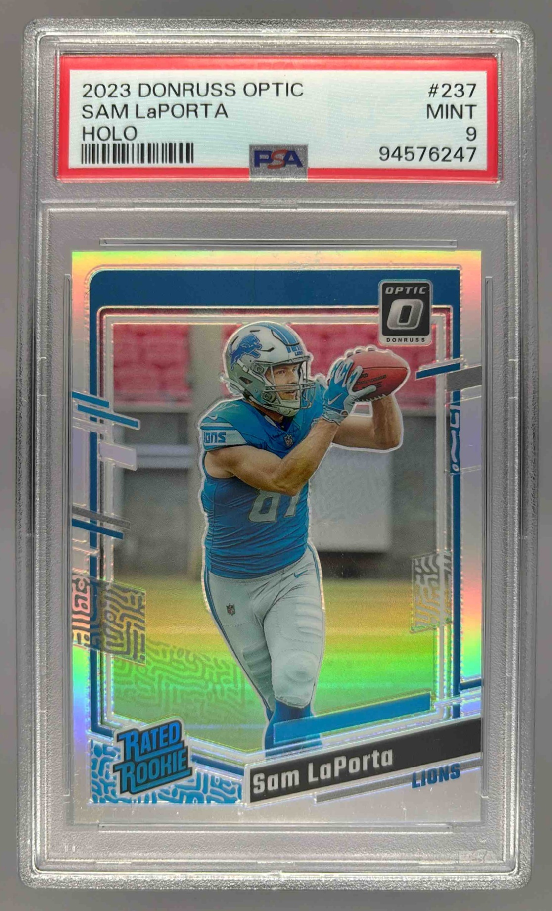 Card image for 2023 Panini Donruss Optic Sam LaPorta Holo Prizm #237 RC Rated Rookie Lions