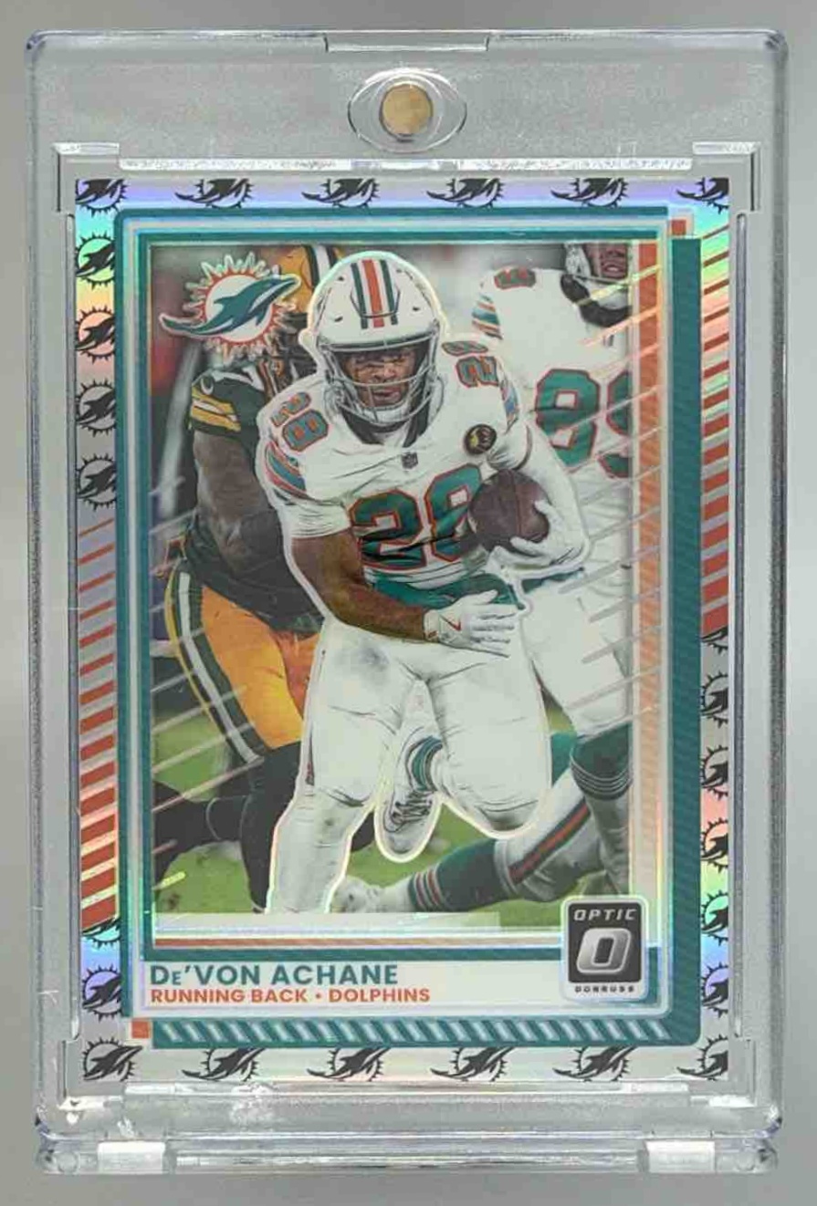 Card image for 2025 Panini Donruss Optic De'Von Achane Team Logo Prizm /32 #86 Dolphins