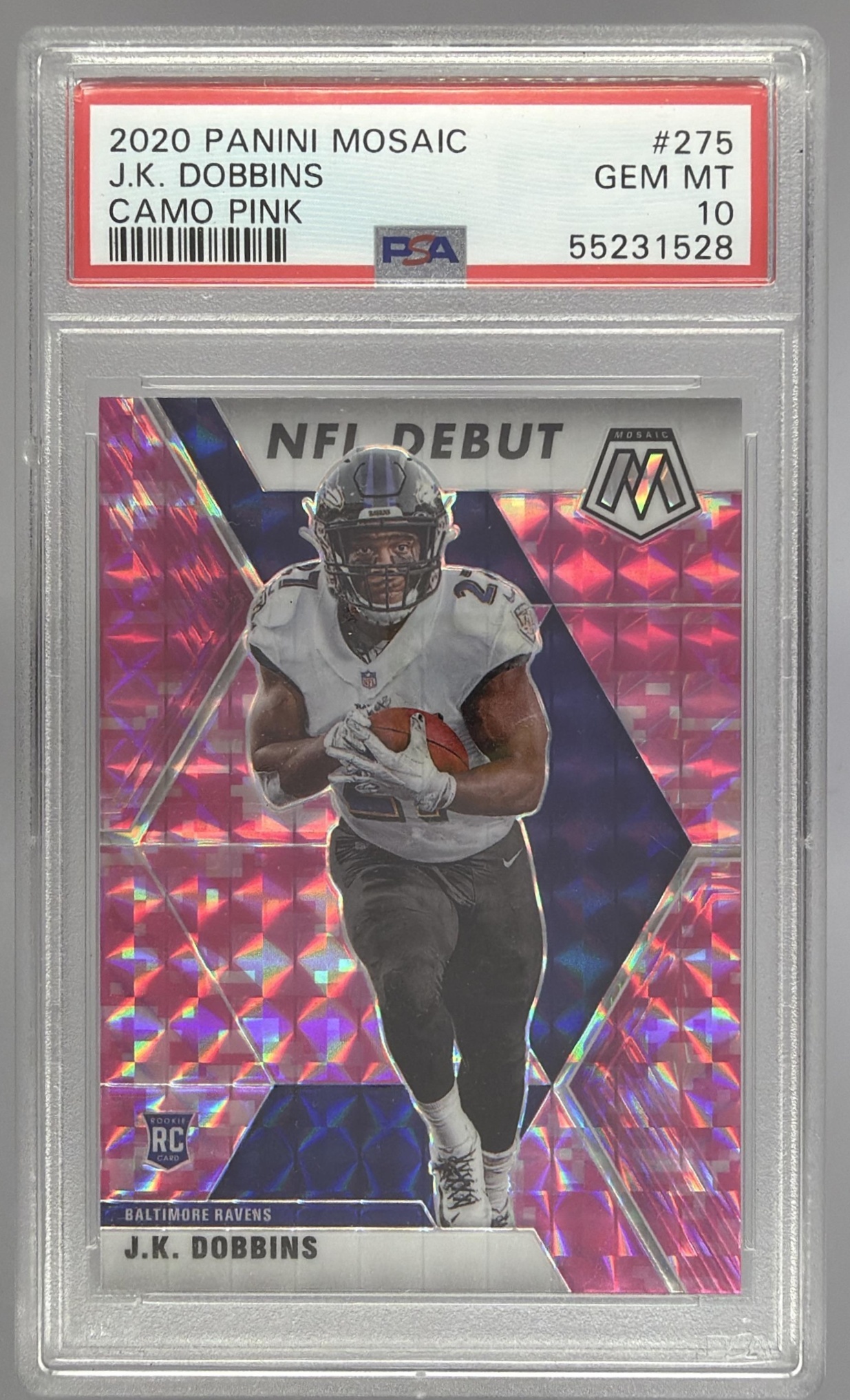Card image for 2020 Panini Mosaic J.K. Dobbins Prizm Camo Pink #275 RC Ravens