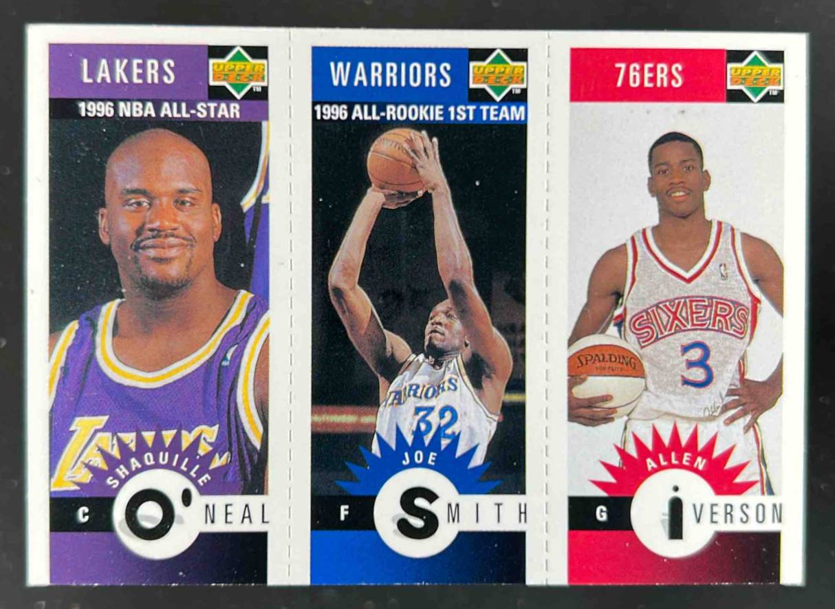Card image for 1996-97 Upper Deck Collector's Choice Shaquille O'Neal / Joe Smith Allen Iverson Mini Cards Panels #M132/M117/M152