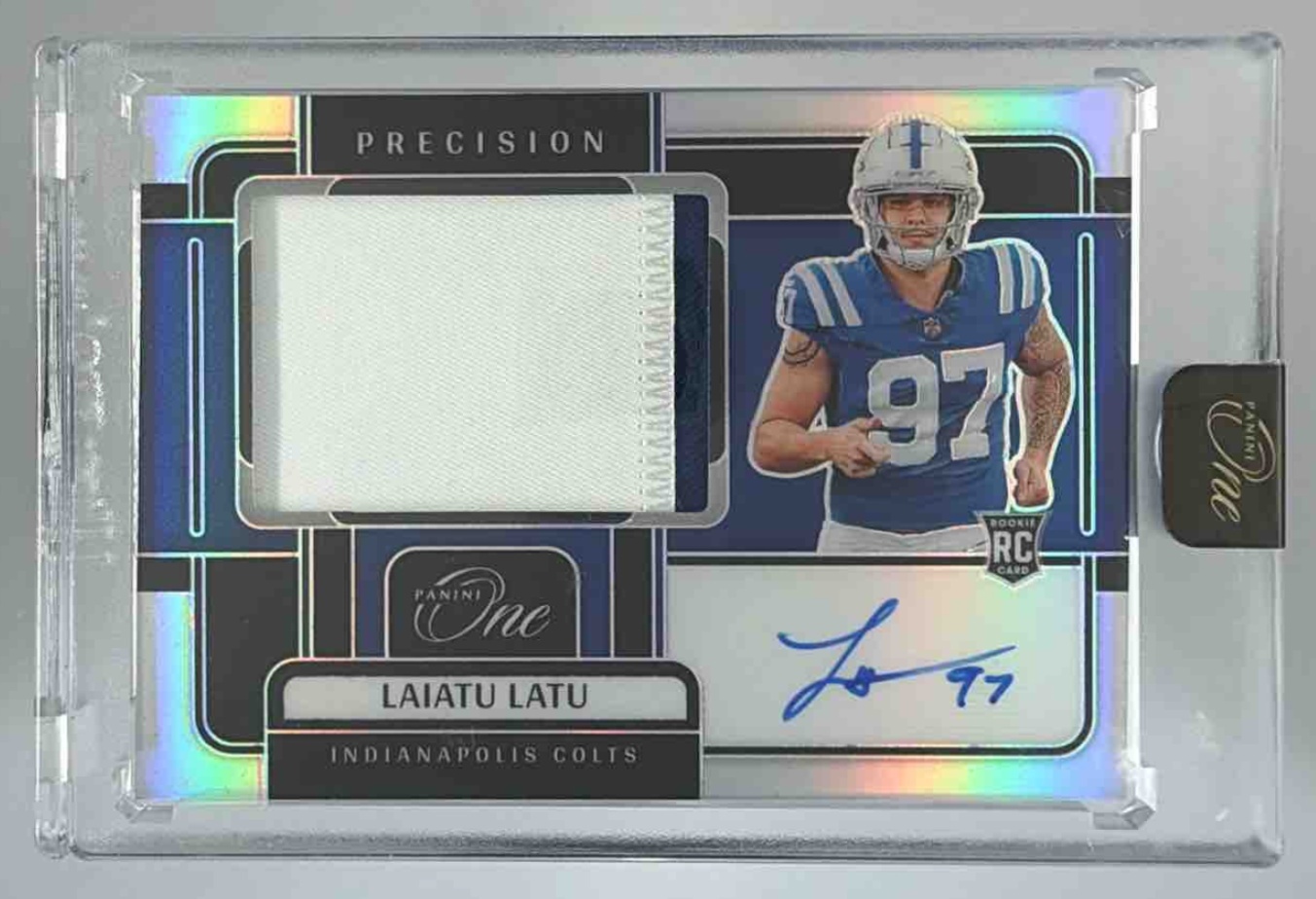 Card image for 2024 Panini One Laiatu Latu Precision Rookie Patch Auto /99 #327 MEM RC Colts