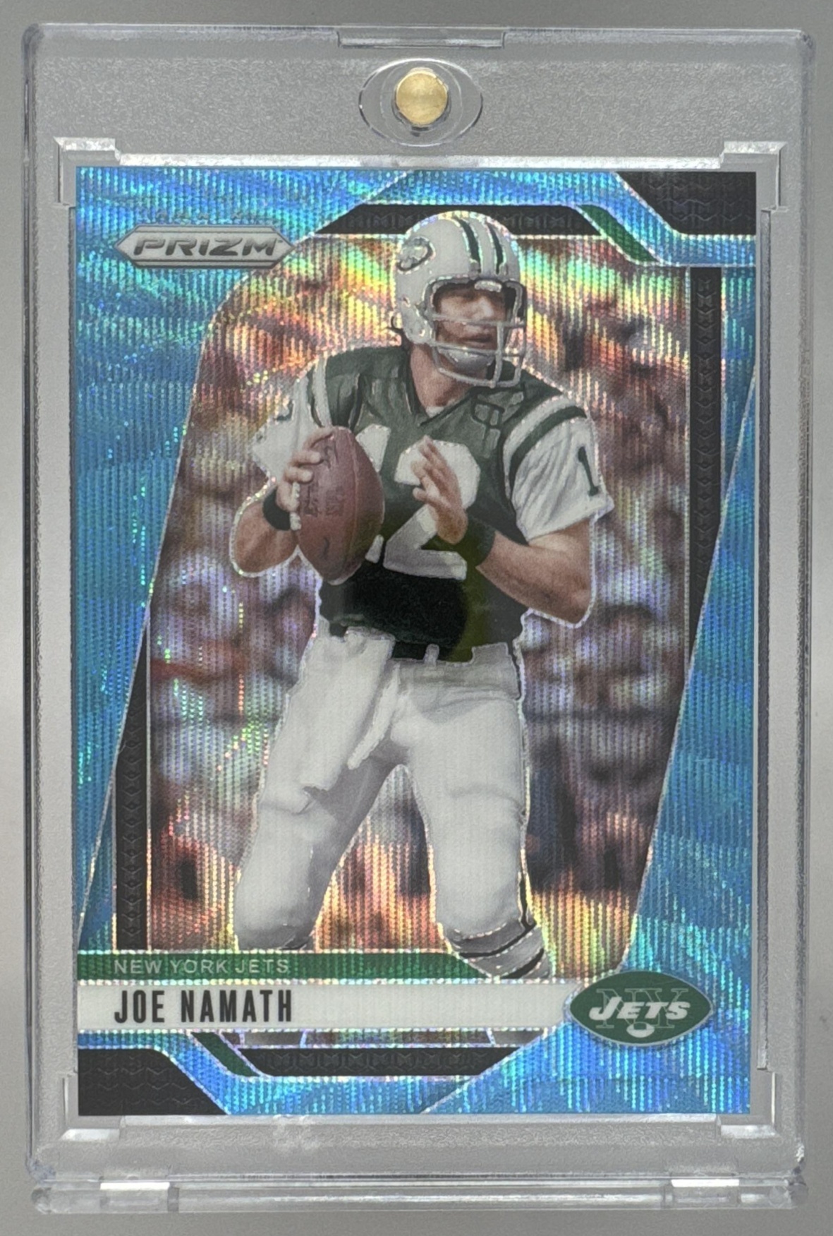 Card image for 2024 Panini Football Prizm Joe Namath Blue Wave /230 #228 New York Jets