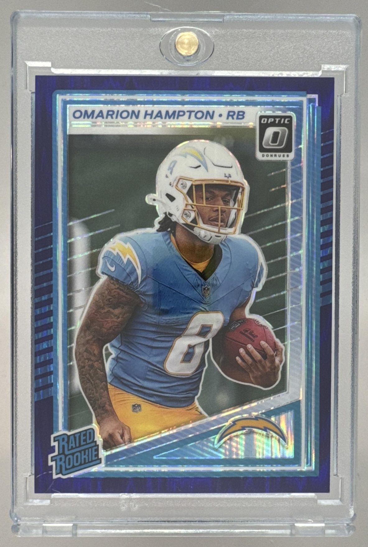 Card image for 2025 Panini Donruss Optic Omarion Hampton Rated Rookie Holo Prizm #212 Chargers