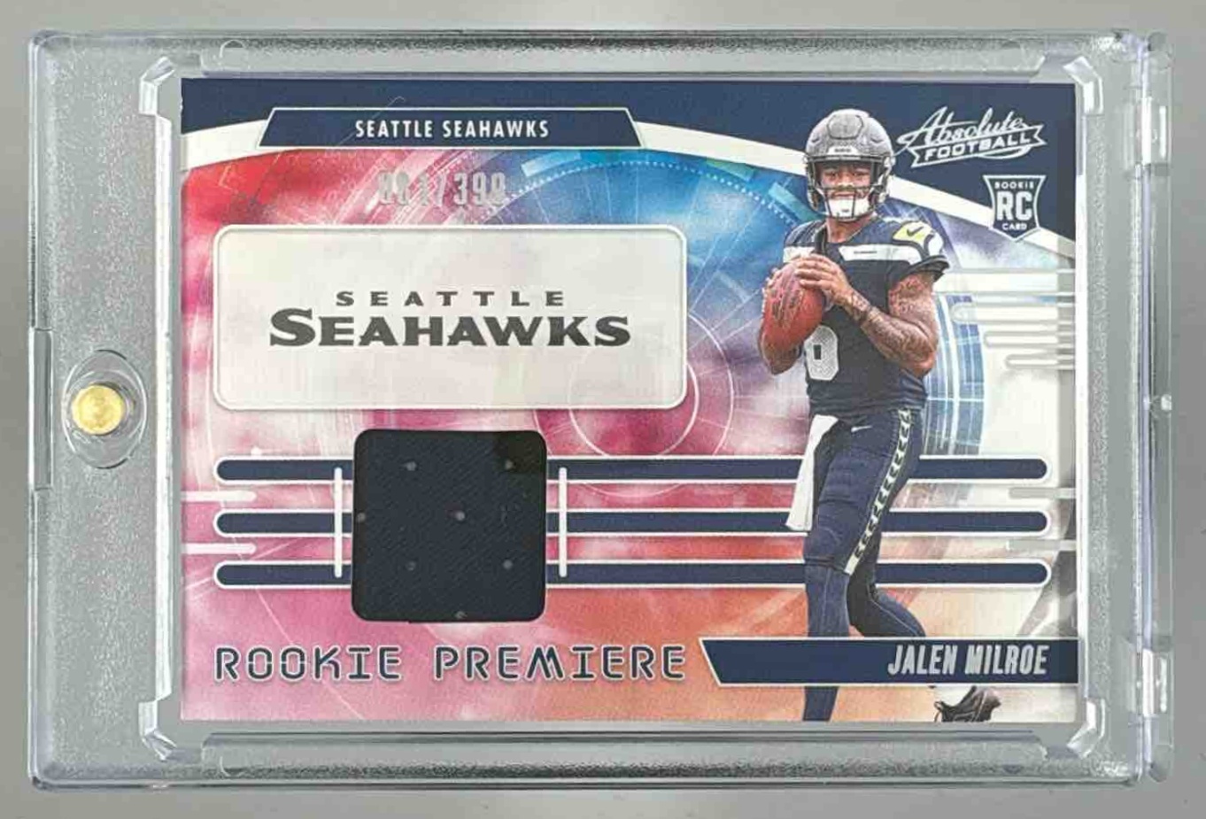 Card image for 2025 Panini Absolute Jalen Milroe Rookie Premiere Materials /399 #7 MEM RC Seahawks