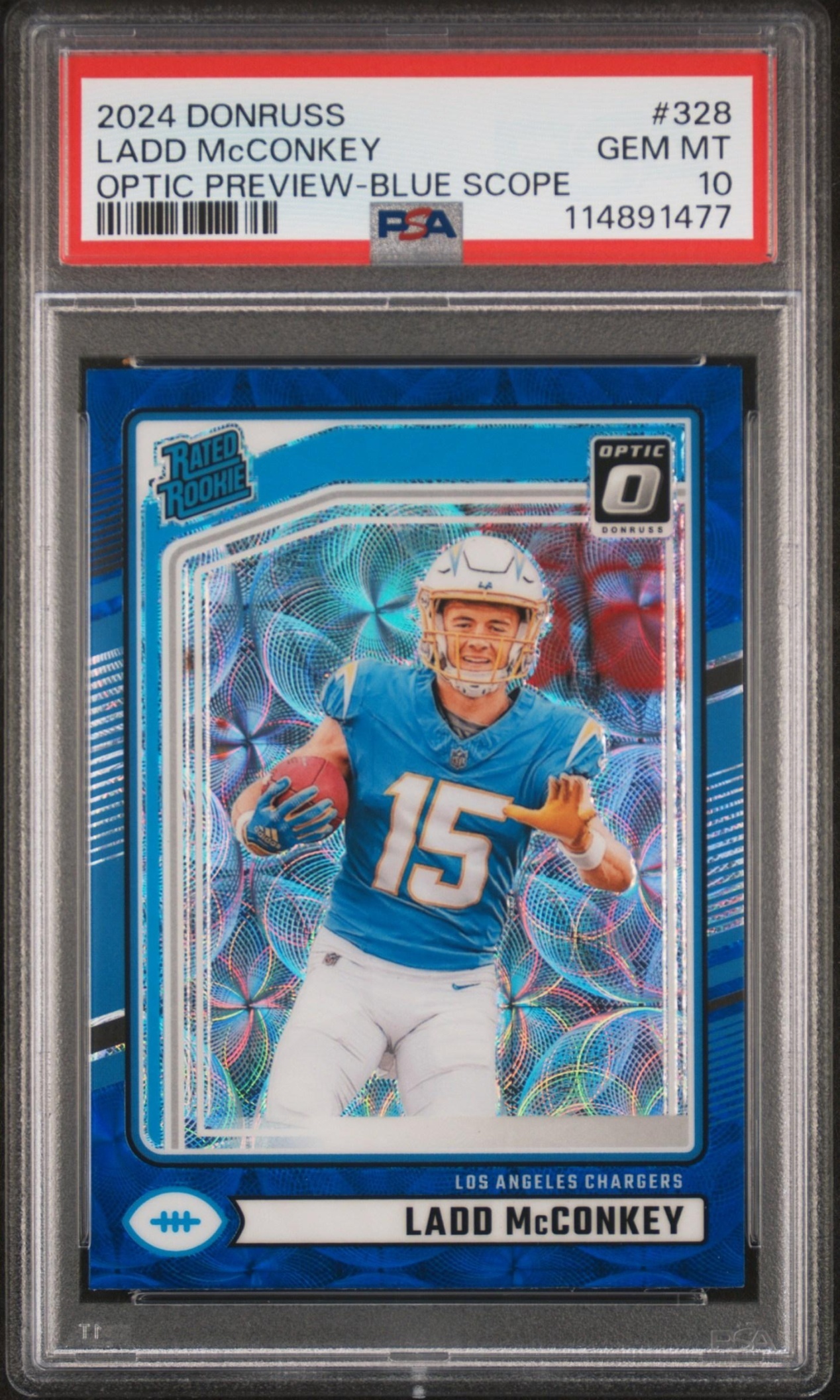 Card image for 2024 Panini Donruss Ladd McConkey Optic Rated Rookie Preview Blue Scope #328 Chargers