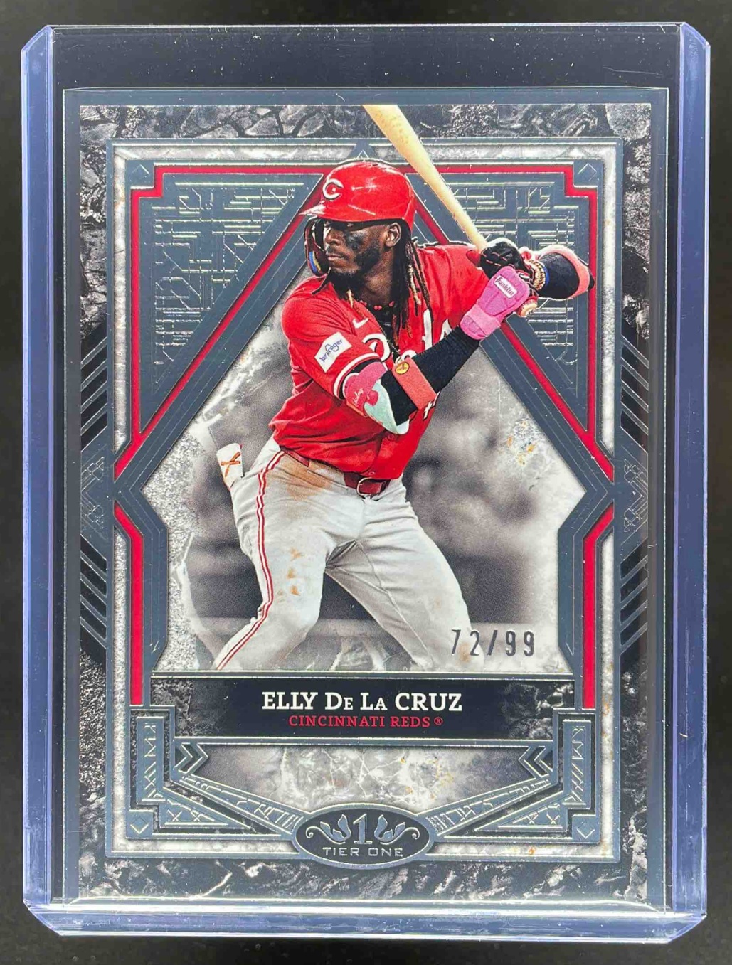 Card image for Elly De La Cruz 2025 Topps Tier One 2 Silver Foil /99 #40 Cincinnati Reds