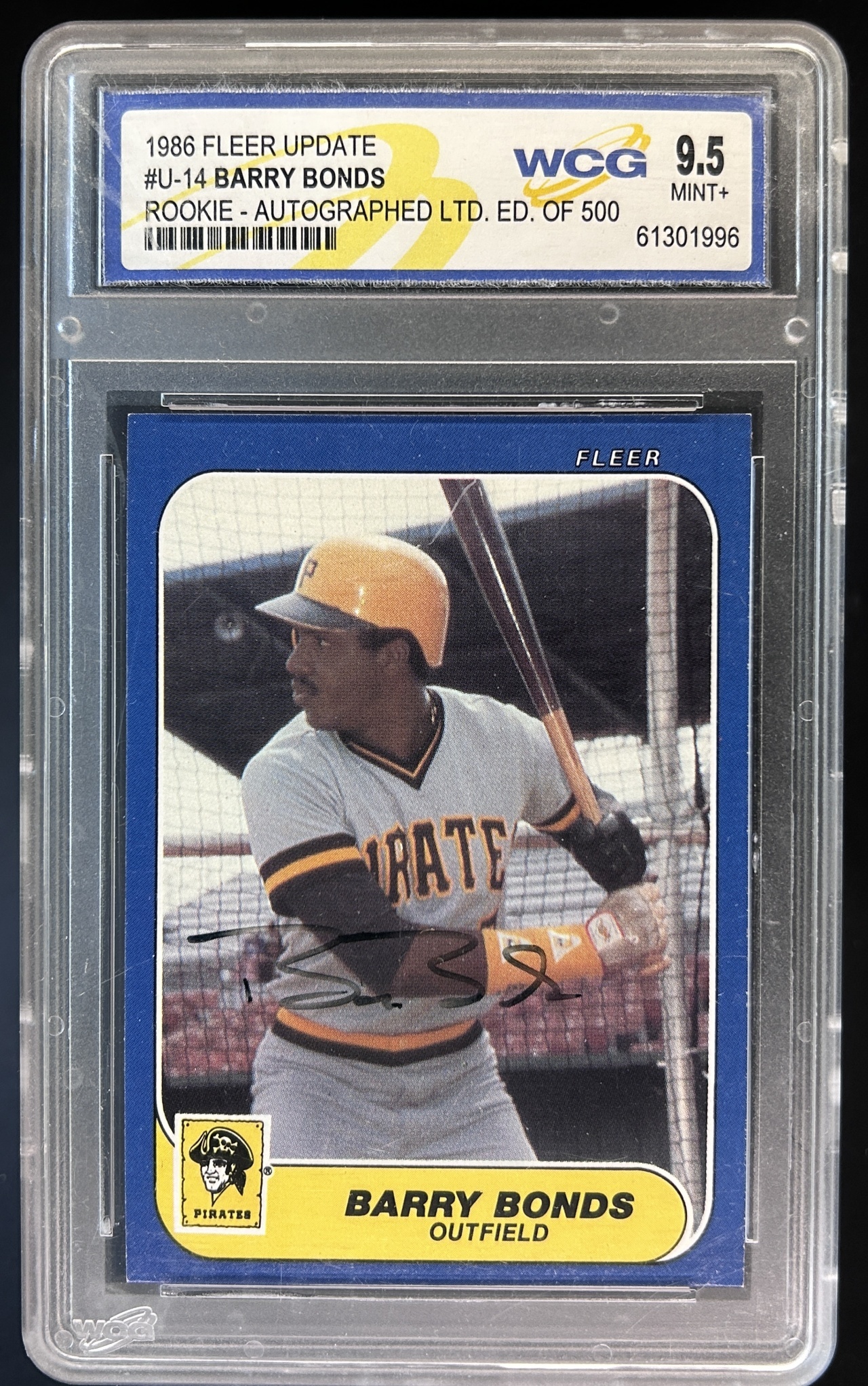 Card image for 1986 FLEER UPDATE BARRY BONDS SIGNED #/500 #U-14 RC ROOKIE PITTSBURGH PIRATES LIMITED EDITION ROOKIE AUTO. GRADED MINT+ WCG 9.5 RARE AND EXTREMELY DESIRABLE ROOKIE UPDATE SIGNATURE