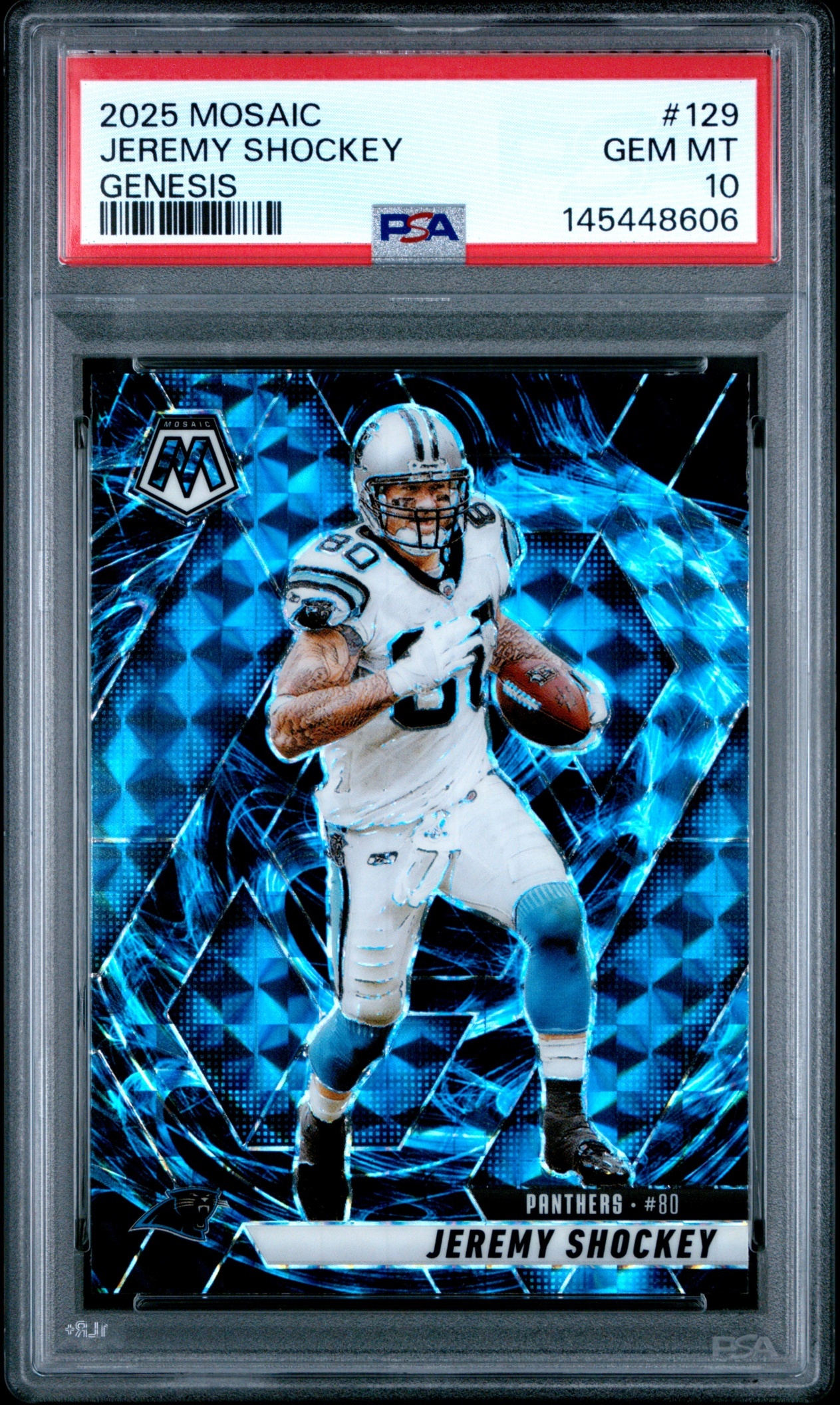 Card image for 2025 Panini Football Mosaic Jeremy Shockey Genesis Prizm #129 Carolina Panthers PSA 10