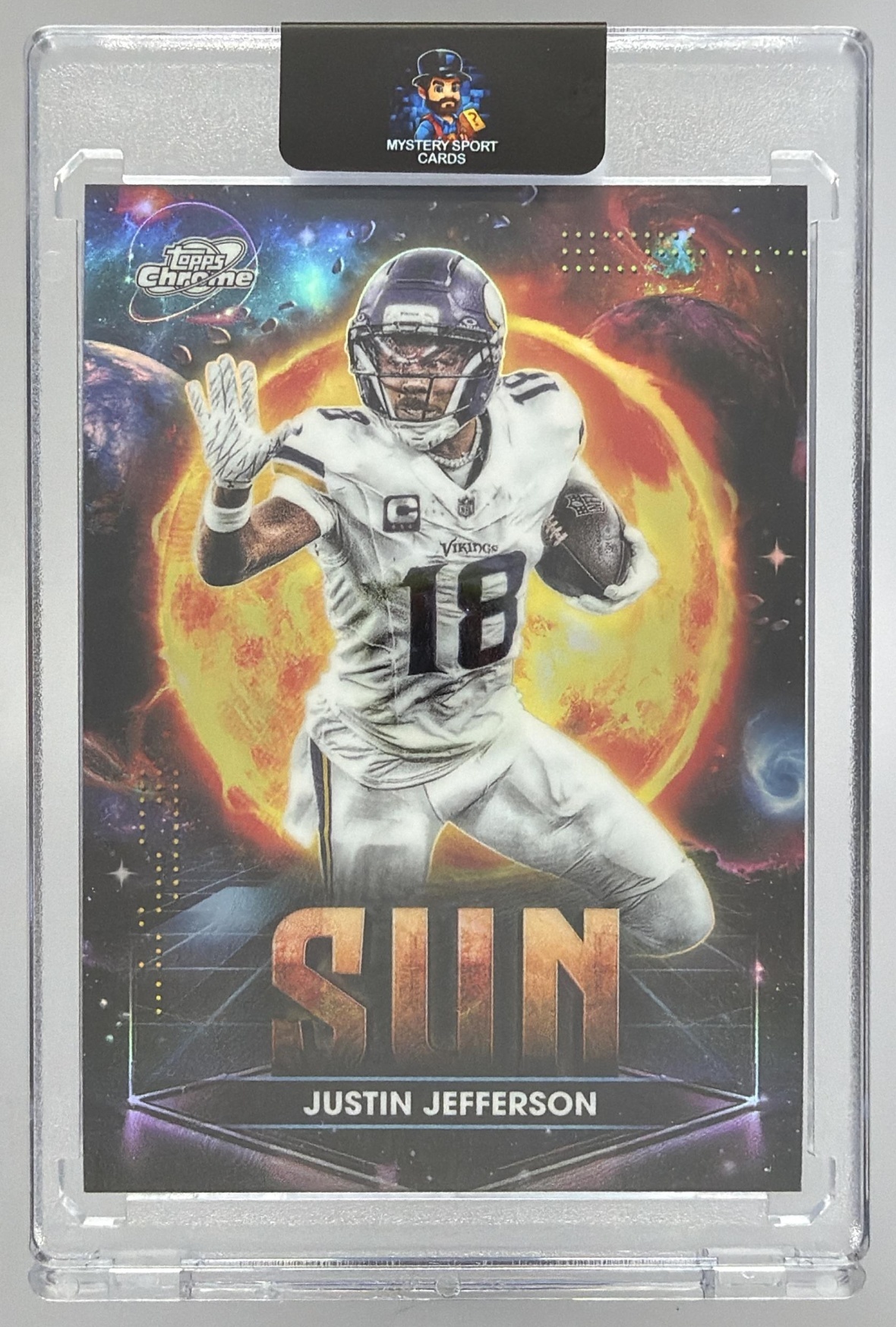 Card image for 2025 Topps Cosmic Chrome Justin Jefferson Planetary Pursuit Sun #PPSU-JJ Vikings