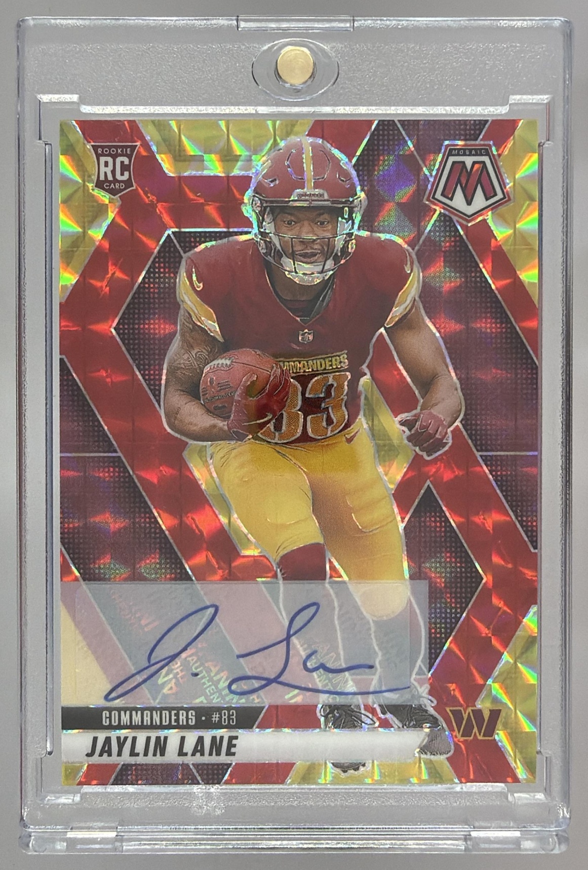 Card image for 2025 Panini Mosaic Jaylin Lane Rookie Auto #306 RC Commanders